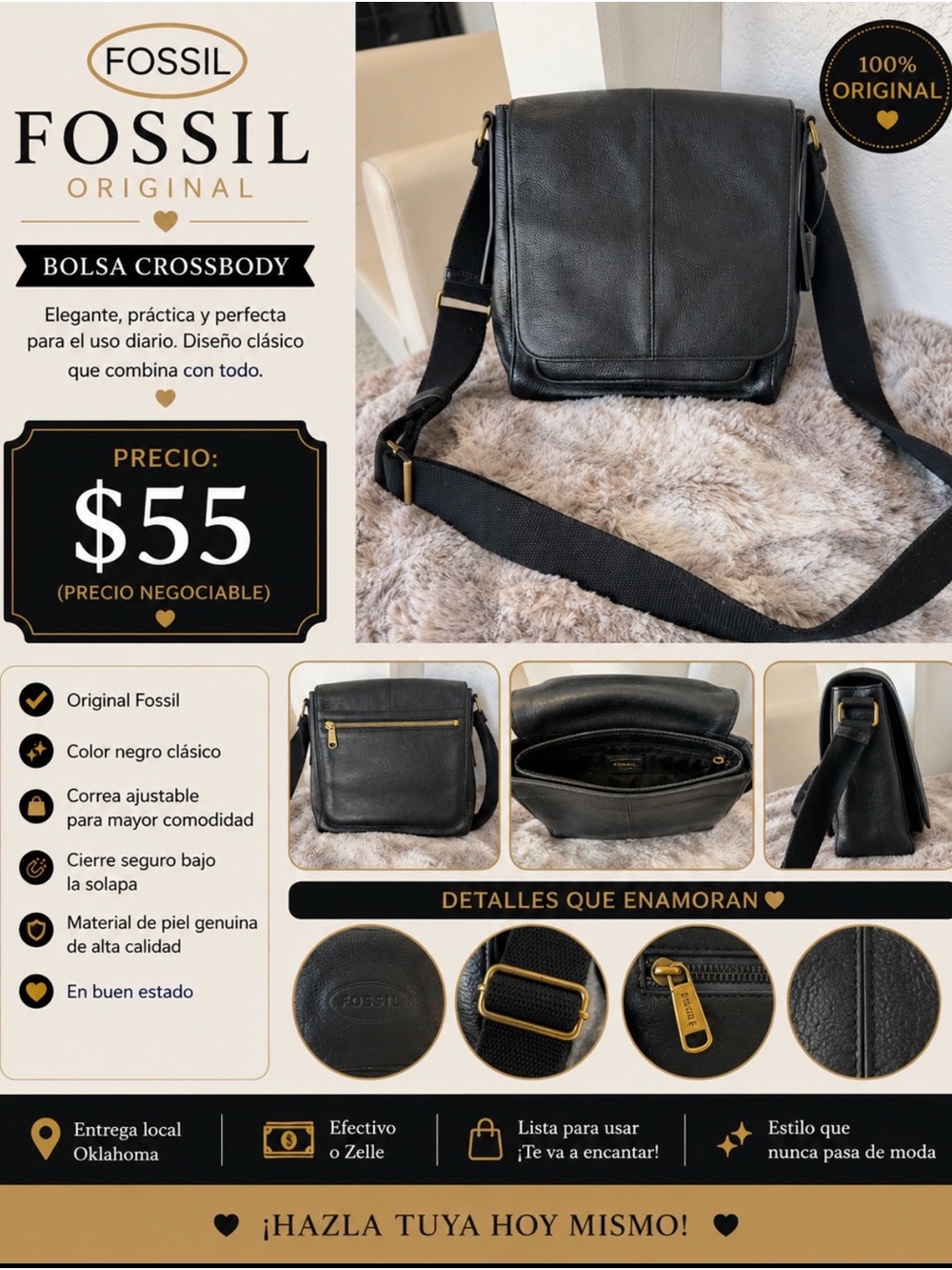 Fossil Black Leather Crossbody Messenger Bag with Adjustable Strap